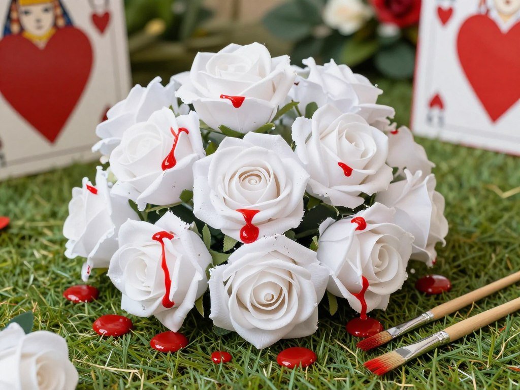 White roses with red paint drips for Alice in Wonderland painting roses decoration