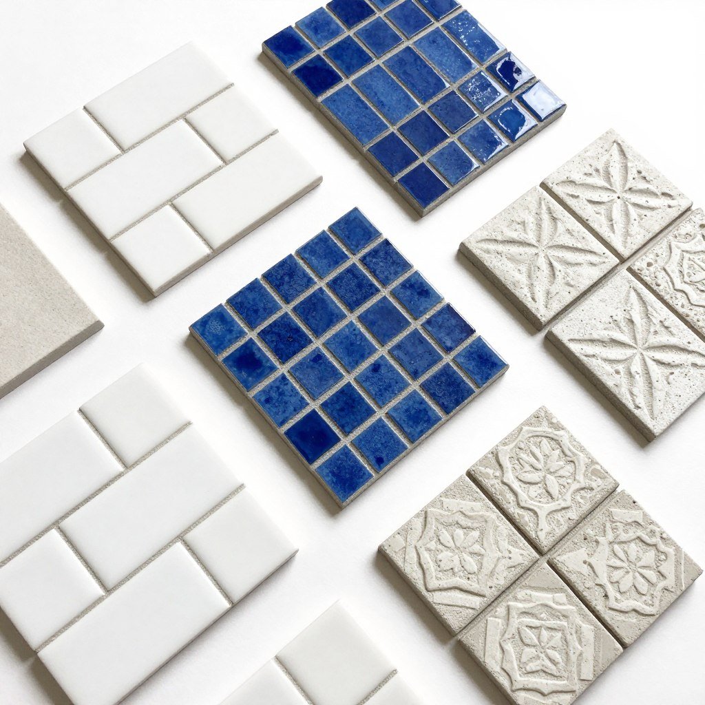 White subway tiles and blue mosaic tile samples