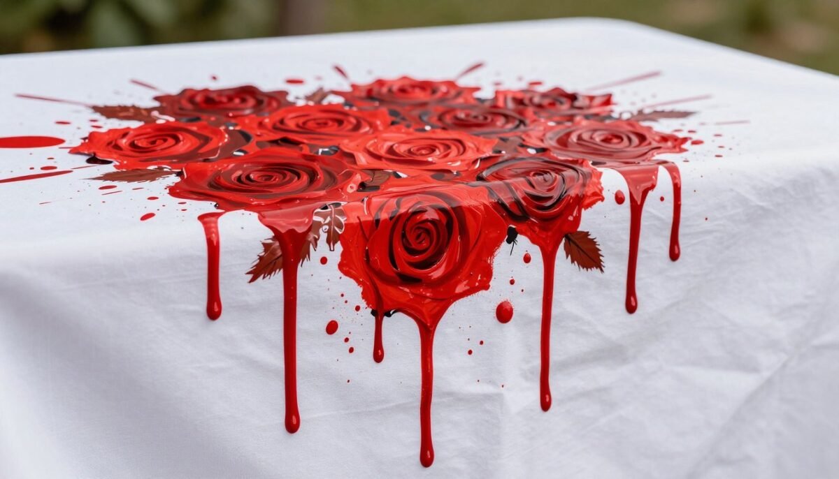 White tablecloth decorated with red paint splatters for wonderland theme