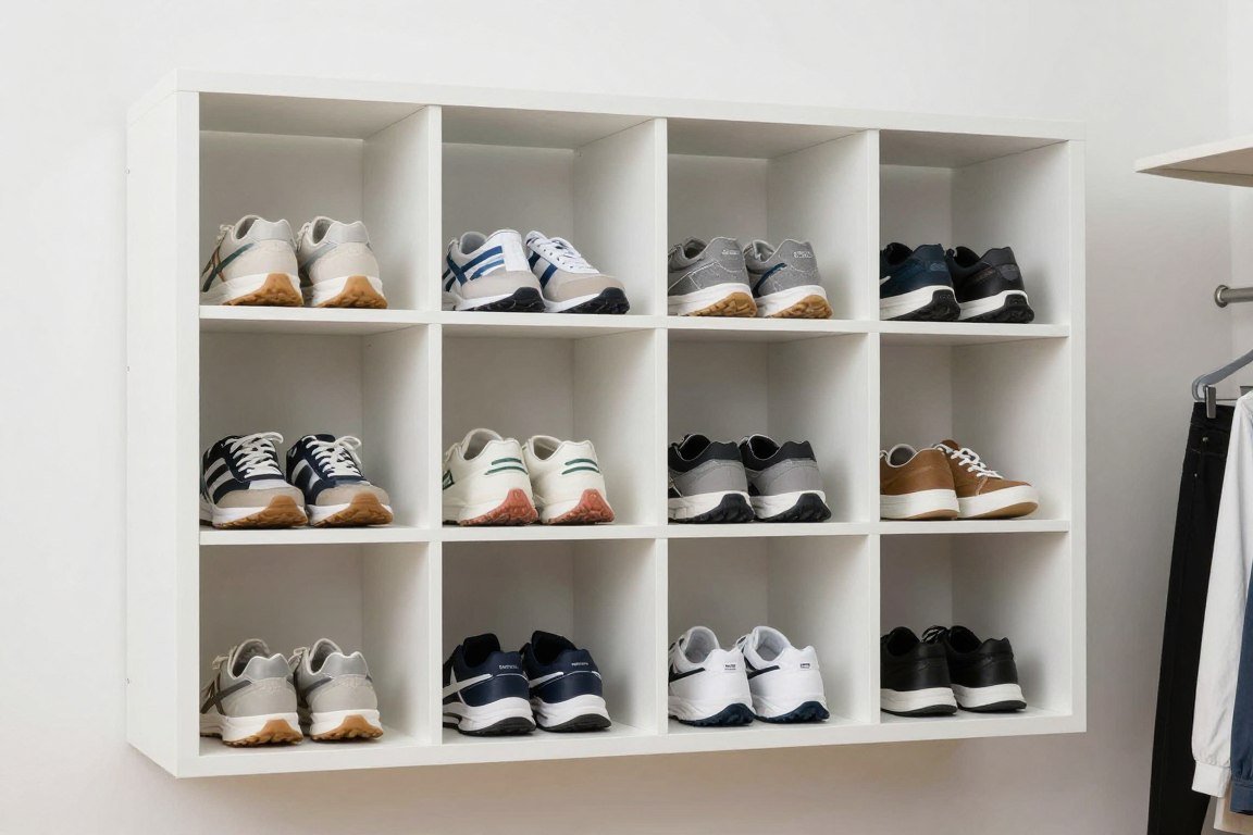 White wall-mounted shoe cubby organizer filled with neatly arranged footwear
