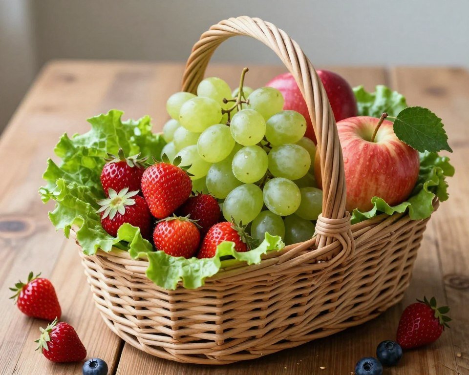 Wicker basket filled with fresh fruit and green leaves