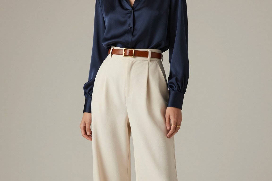 Wide-leg cream trousers paired with navy silk blouse