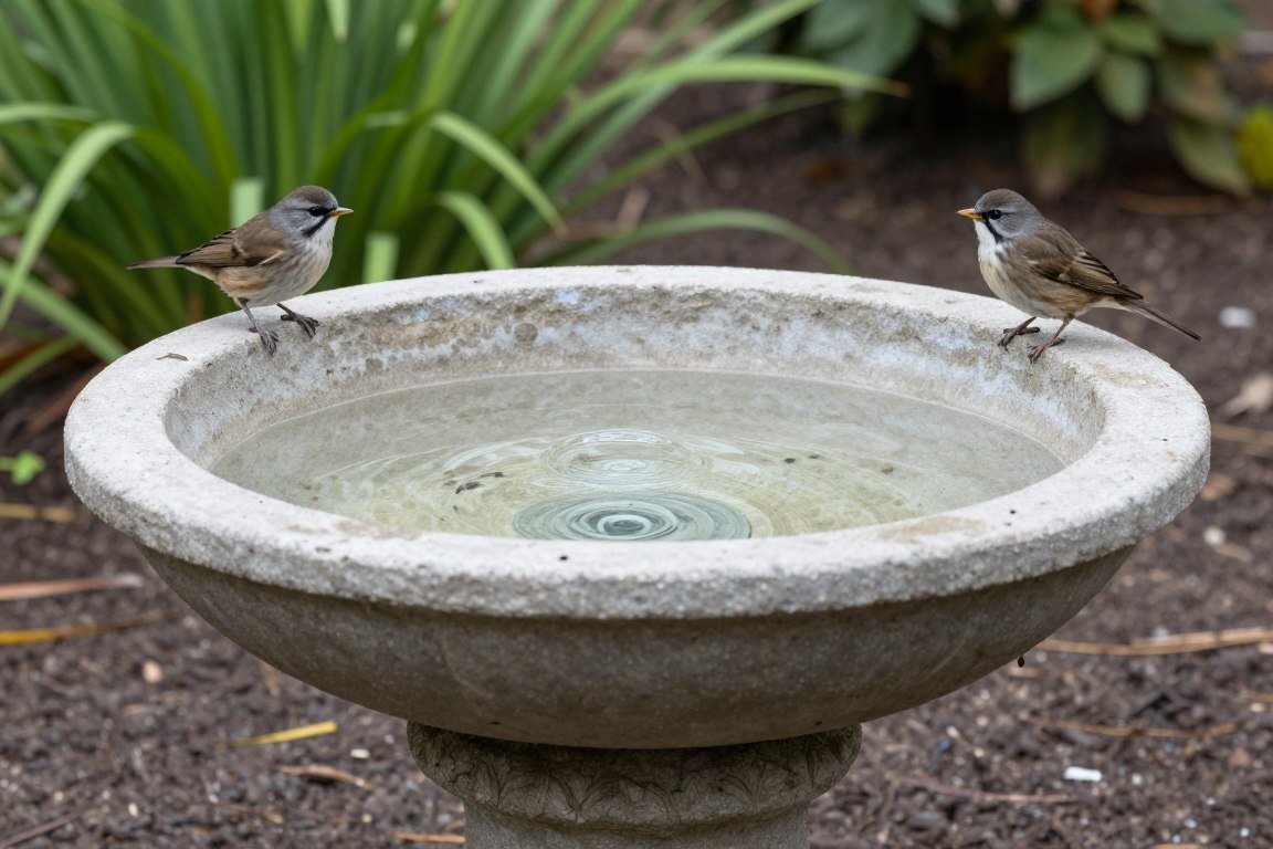 Wide shallow concrete bird bath installed at ground level in garden