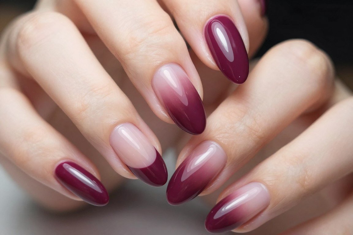 Wine purple French tips on almond nails with rich deep color