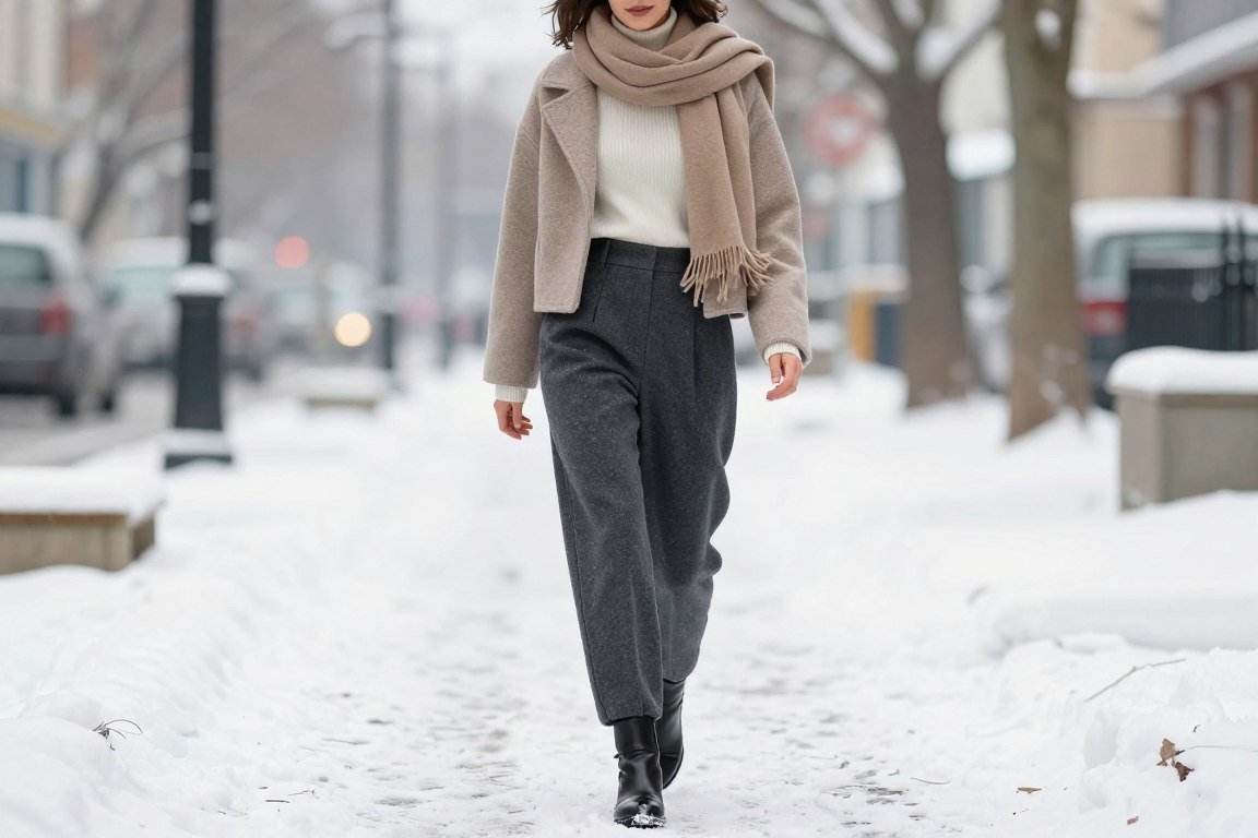 Winter outfit showing proper layering for short torso body type