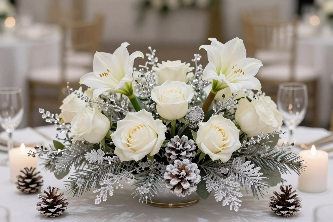 Winter wedding centerpiece with white flowers