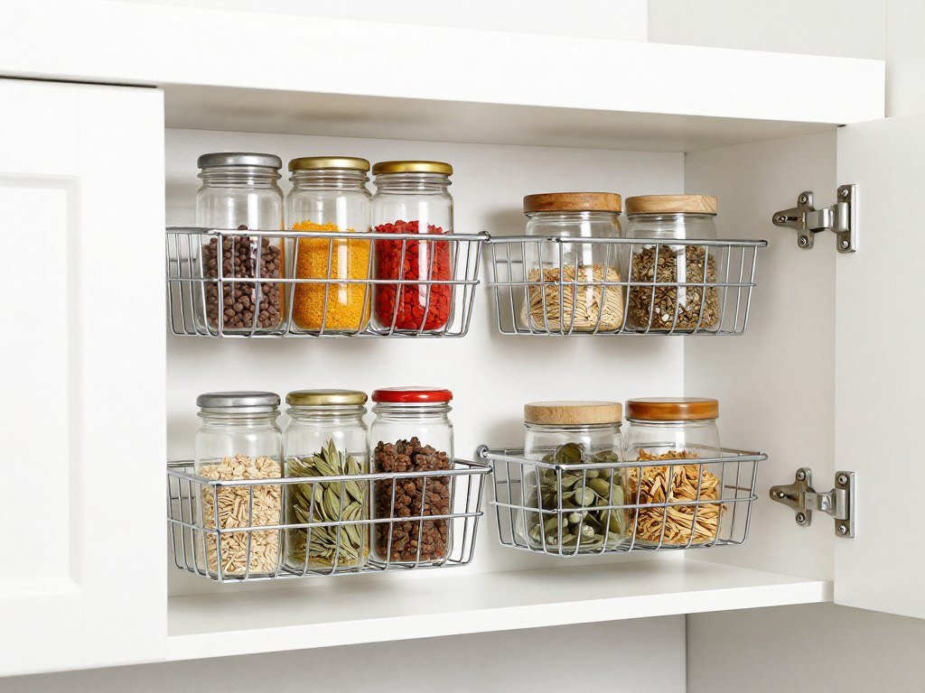 Wire baskets mounted inside kitchen cabinet door for storage organization