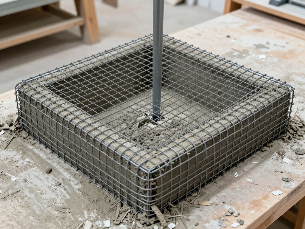 Wire mesh reinforcement being placed in concrete bird bath mold