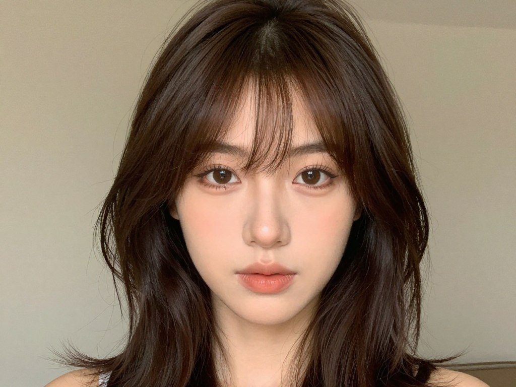 Wispy bangs balancing heart-shaped face features