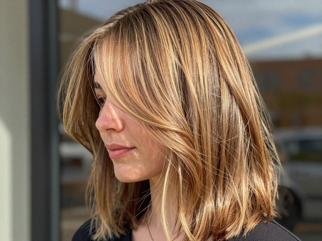 Wispy bangs enhanced with blonde highlights on medium length hair