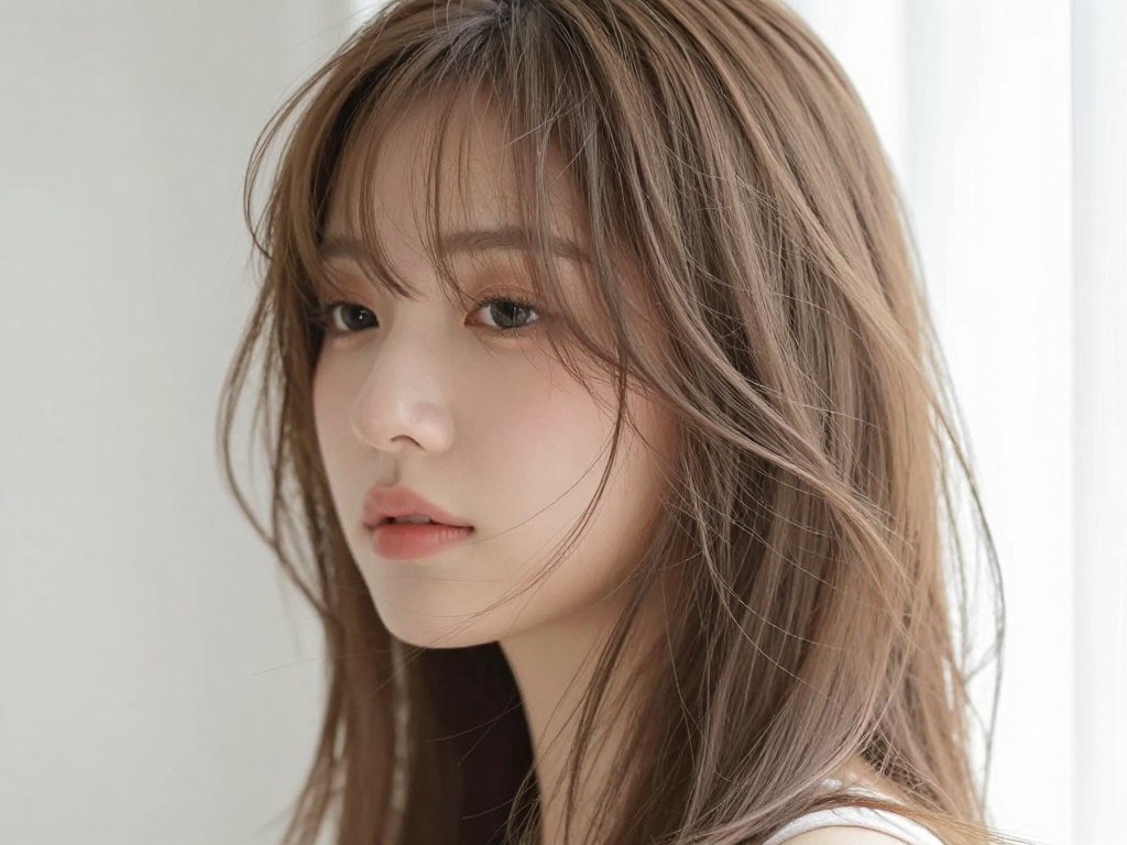 Wispy curtain bangs styled on fine medium length hair