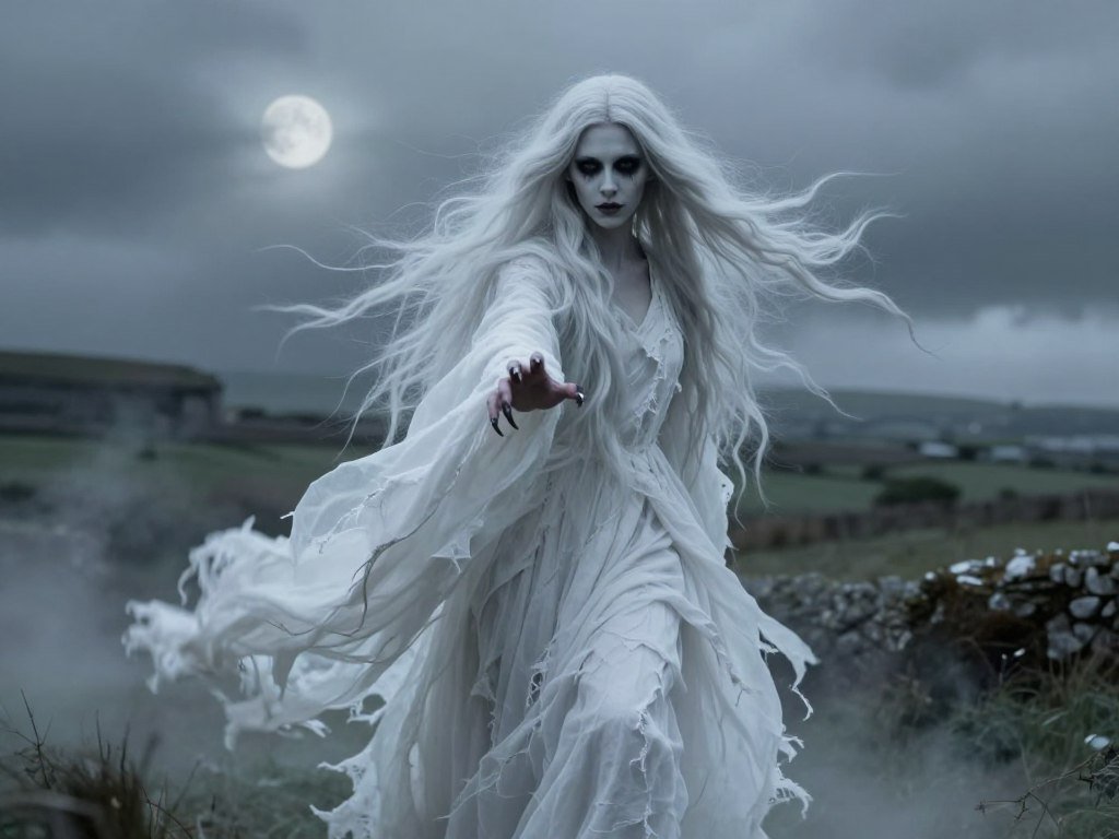 Woman as Irish banshee with flowing white dress and supernatural styling