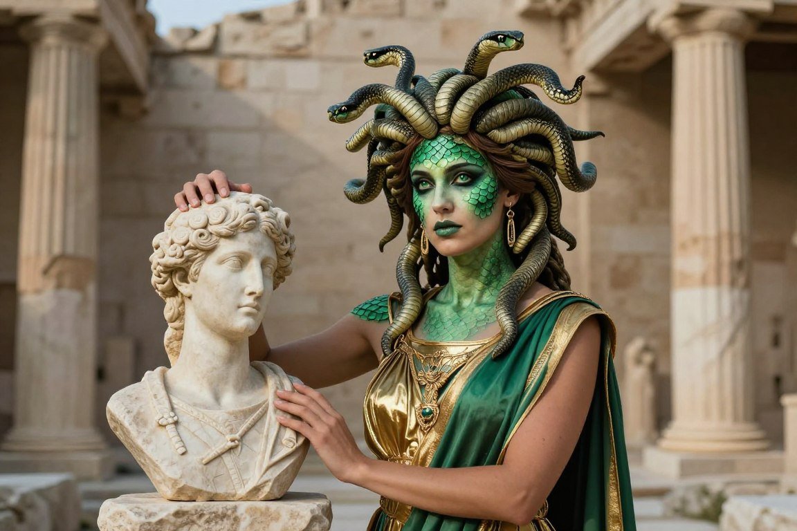 Woman as Medusa with snake headdress and Greek-inspired costume