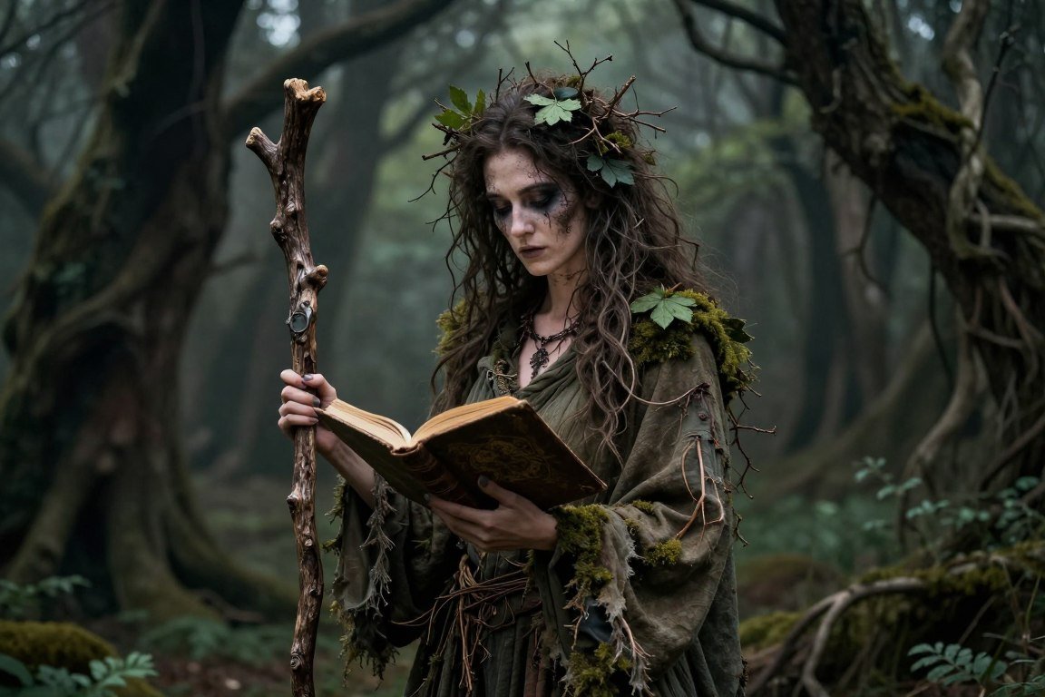 Woman as dark forest witch with natural elements and weathered appearance