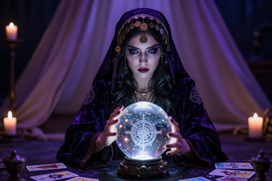 Woman as dark fortune teller with mystical and ominous styling
