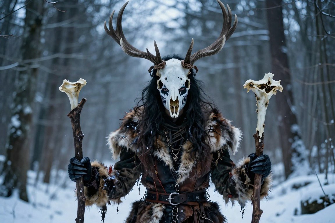 Woman as terrifying wendigo creature with antlers and tribal elements