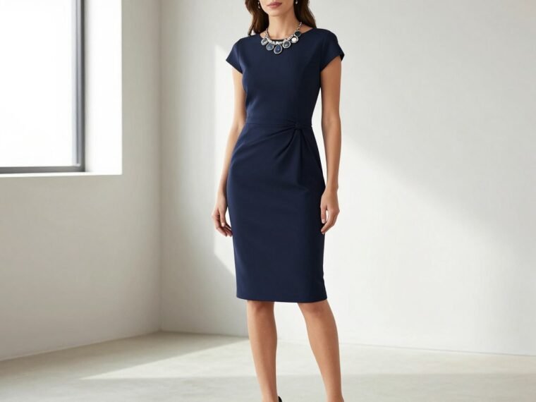 Woman confidently wearing flattering outfit for small bust big tummy body shape