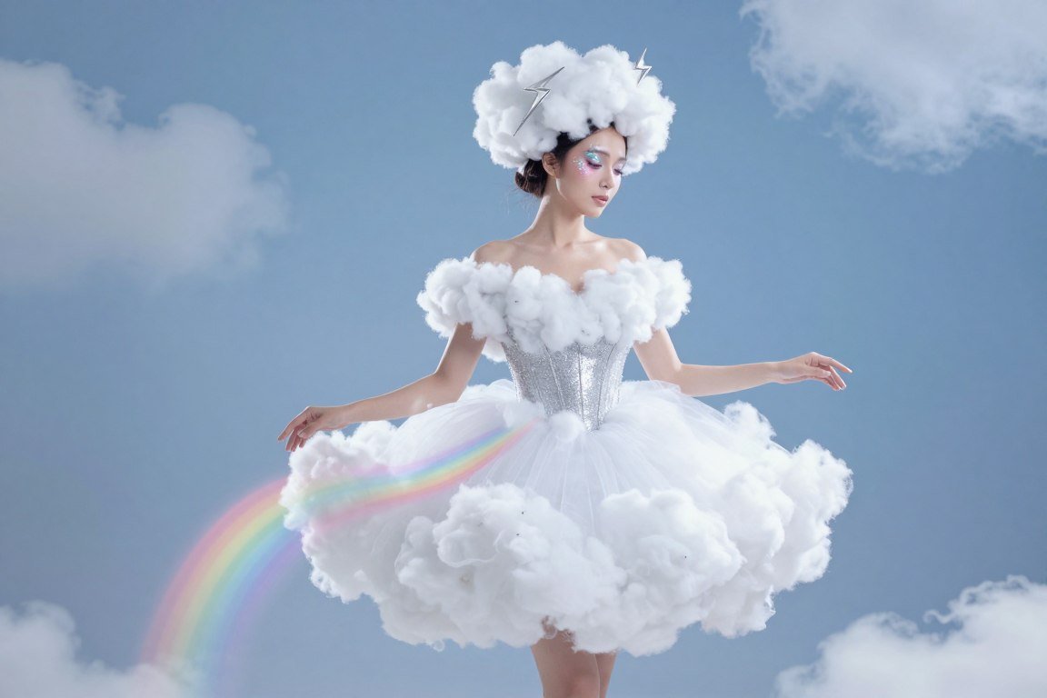Woman dressed as cloud with white fluffy costume and rainbow accents