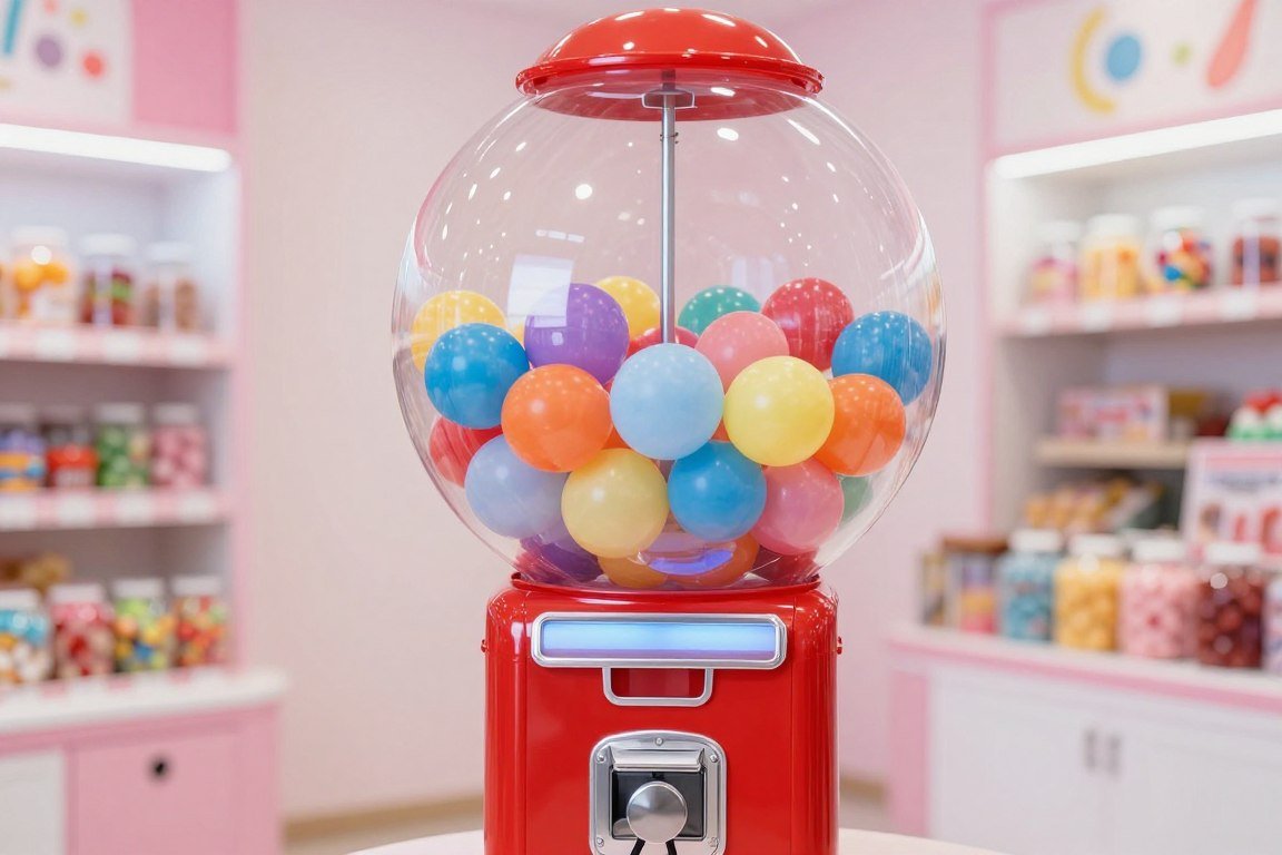 Woman dressed as colorful gumball machine costume