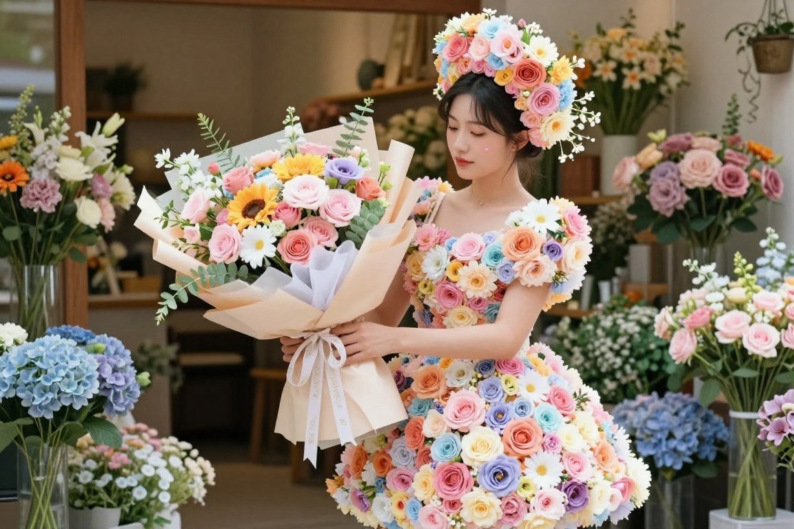 Woman dressed as living flower bouquet with blooms and greenery