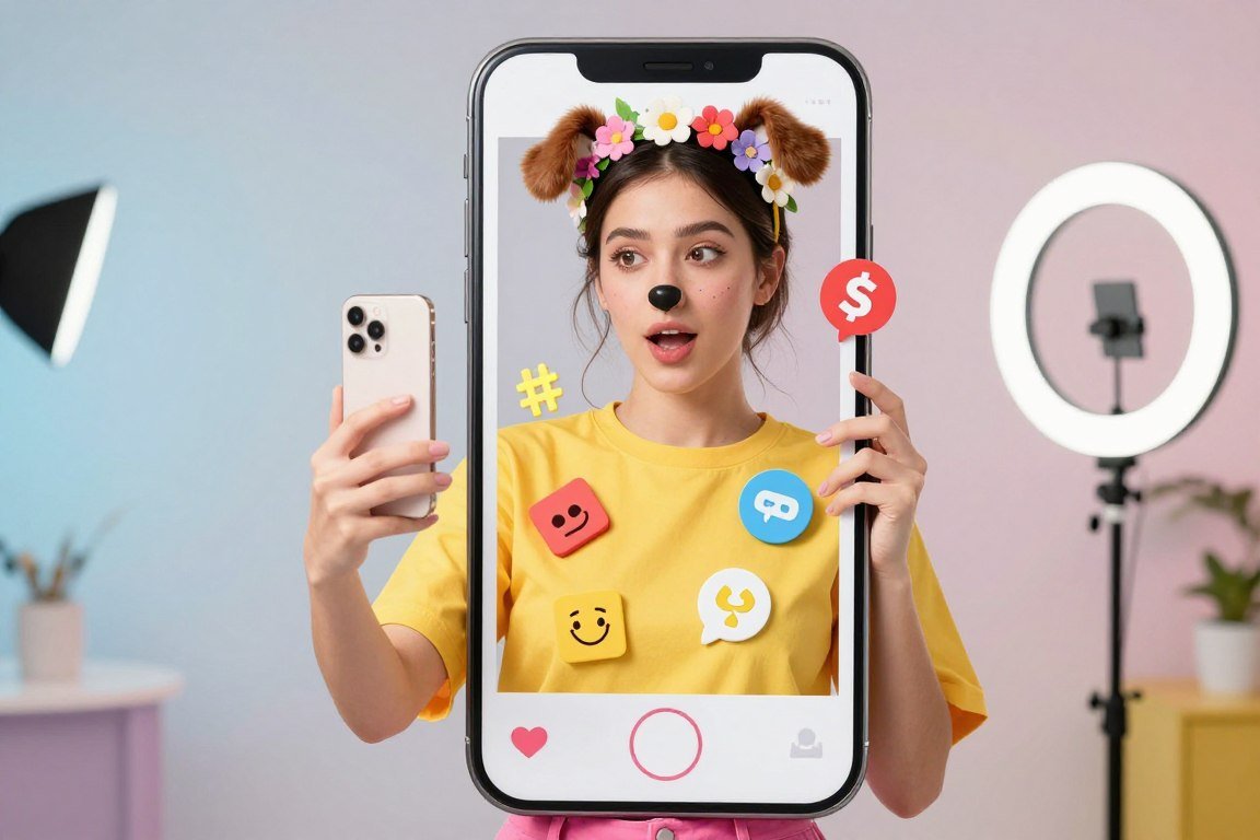 Woman dressed as social media filter with digital frame and effects