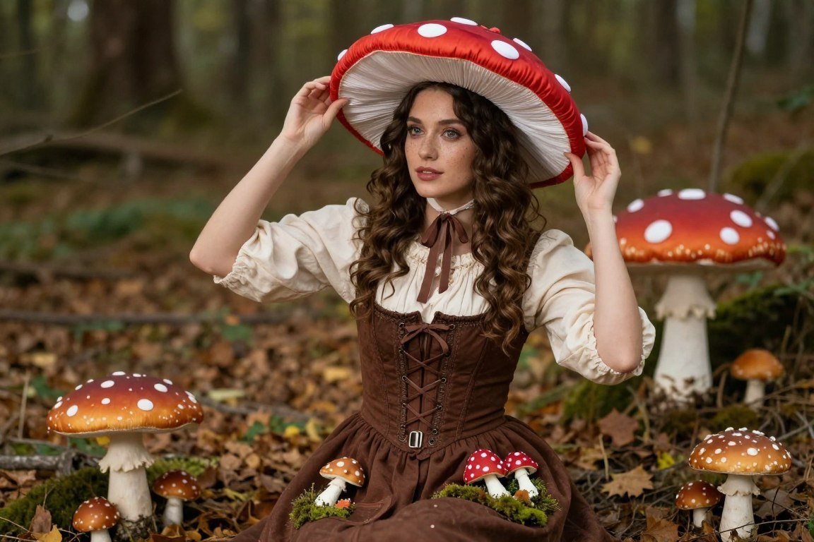 Woman dressed as whimsical mushroom character with red and white spotted cap