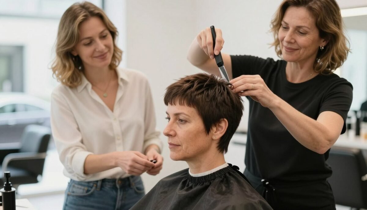 Woman getting haircut trim at salon