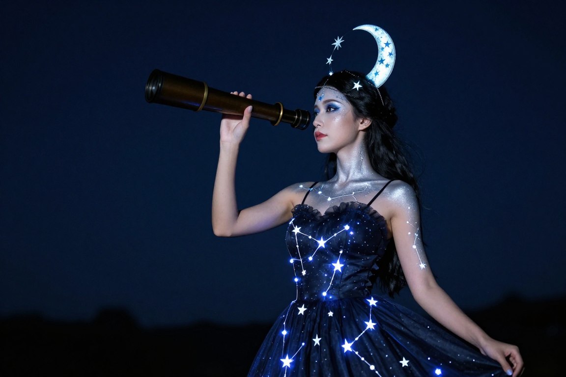 Woman in DIY constellation costume with star patterns and celestial elements