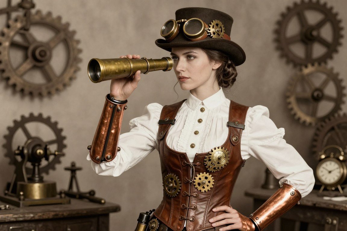 Woman in DIY steampunk costume with gears and Victorian elements