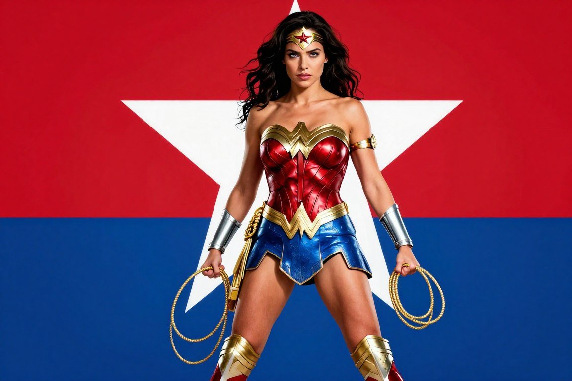 Woman in Wonder Woman costume with gold accessories and power pose