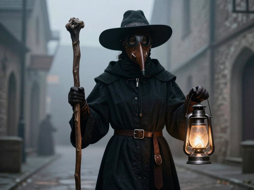 Woman in authentic plague doctor costume with bird mask and dark robes