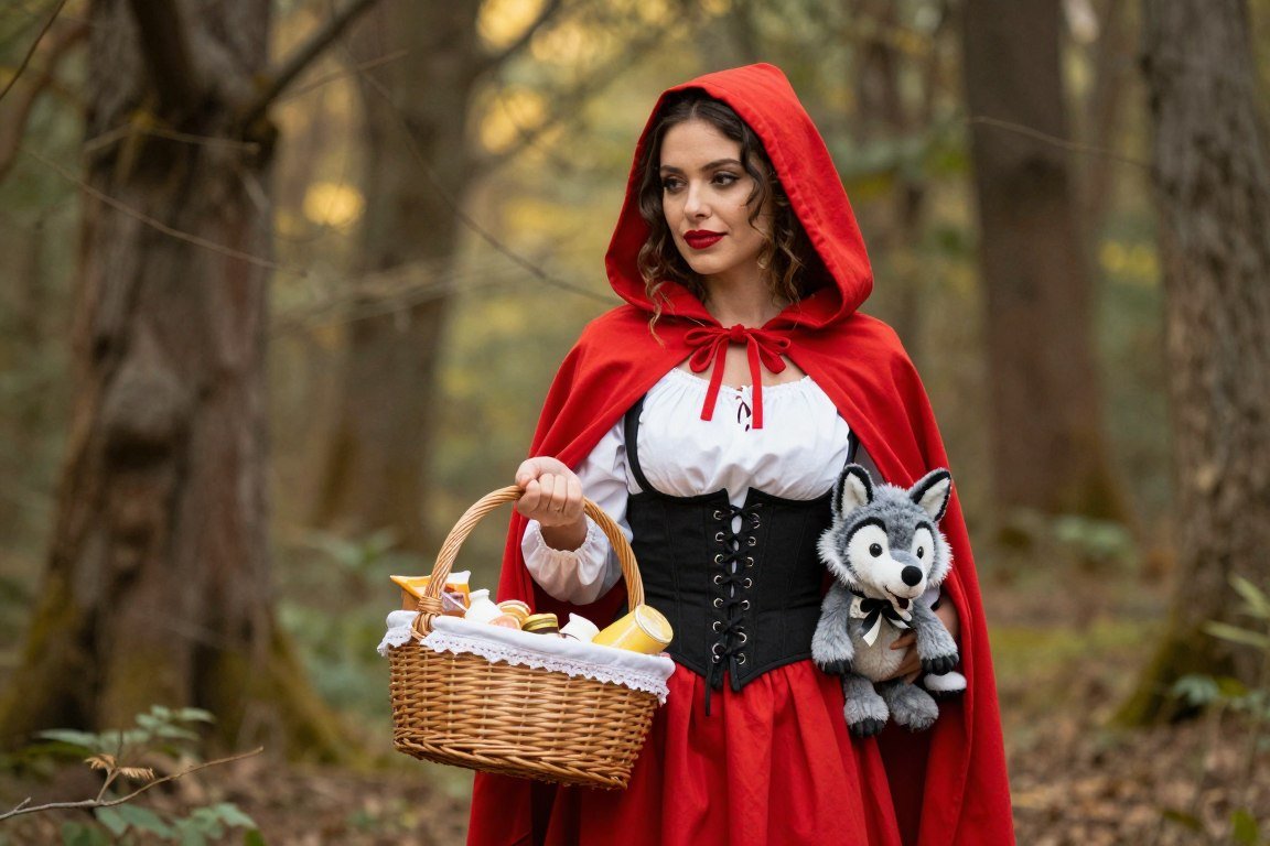 Woman in classic Red Riding Hood costume with cape and basket