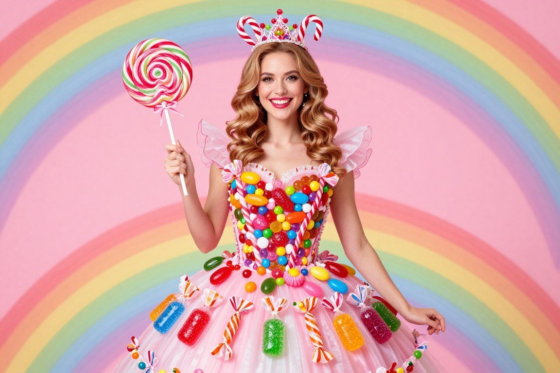 Woman in colorful candy-themed costume with lollipop accessories