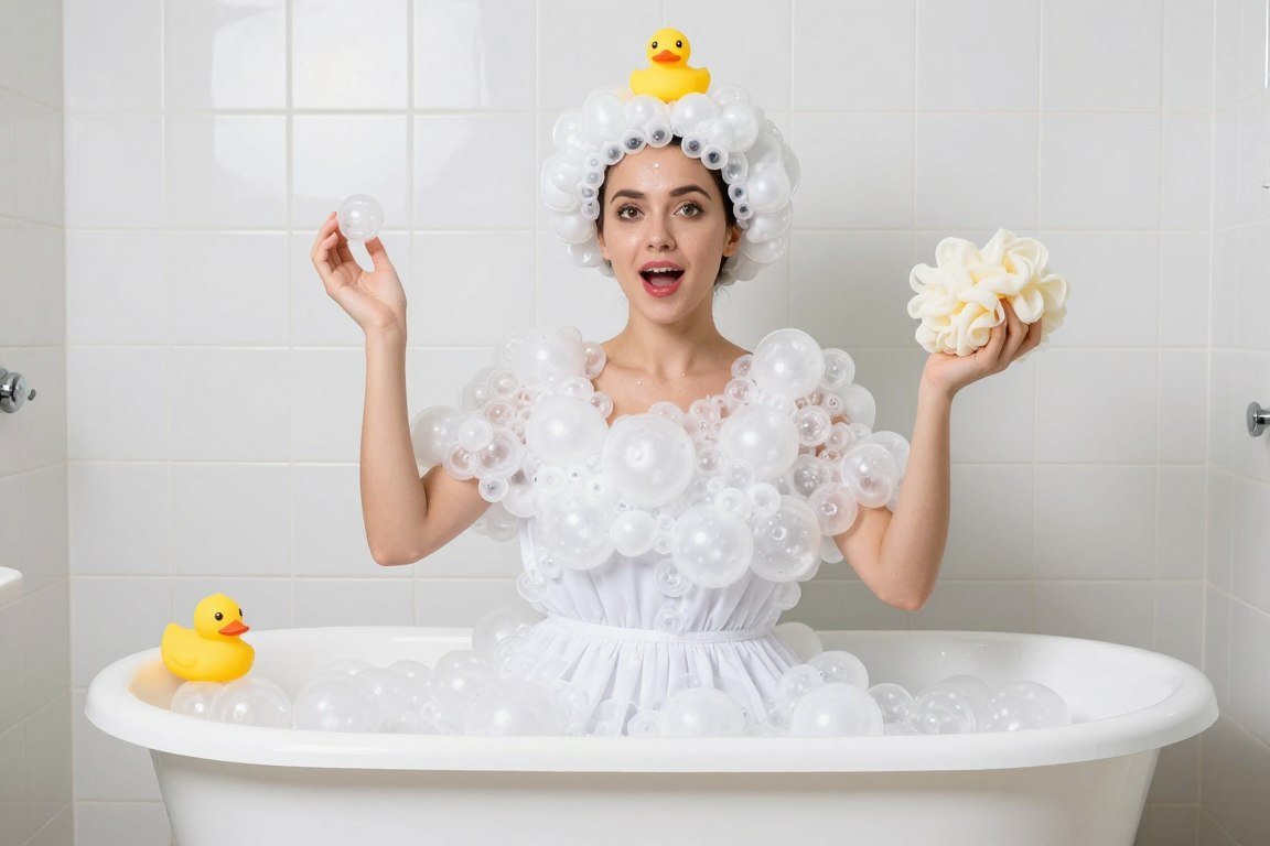 Woman in creative bubble bath costume with white bubbles and rubber duck accessories
