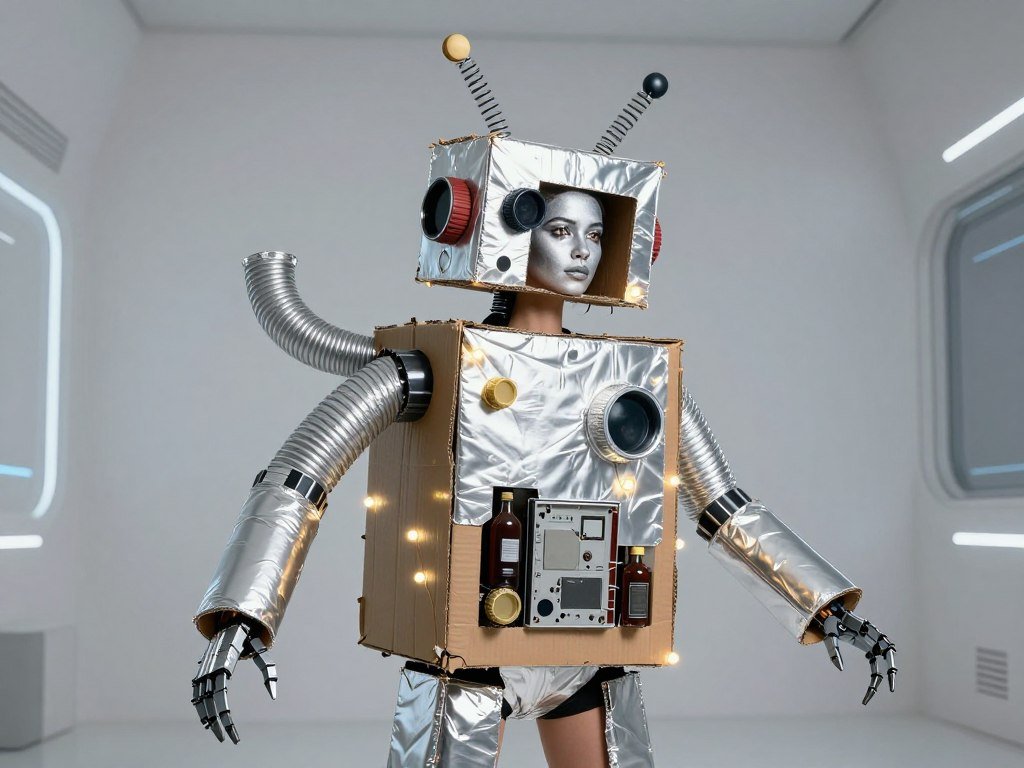 Woman in creative robot costume made from recycled materials