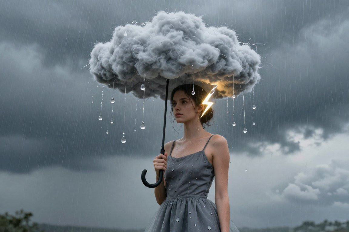 Woman in creative weather costume with clouds and rain