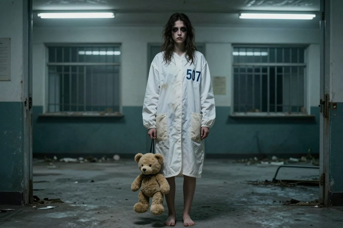Woman in disturbing asylum patient costume with institutional clothing