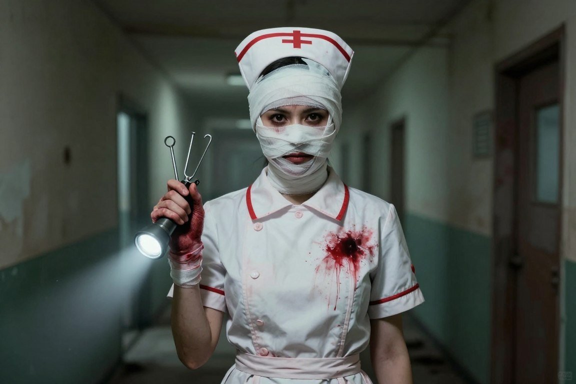 Woman in disturbing horror game nurse costume with bandaged face
