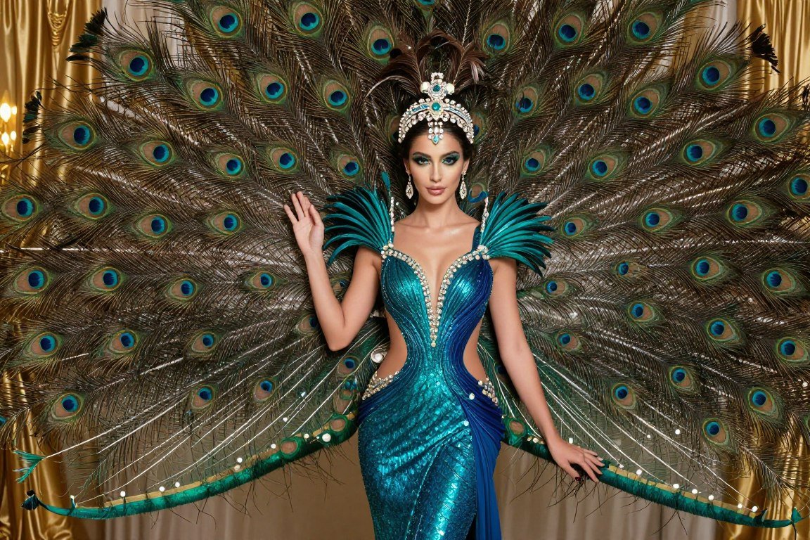 Woman in elaborate peacock costume with feathered tail and jeweled accessories