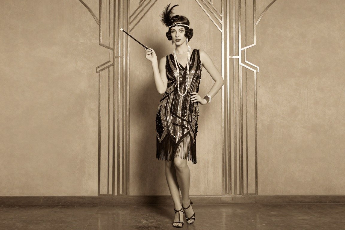 Woman in elegant 1920s flapper dress with fringe and pearls