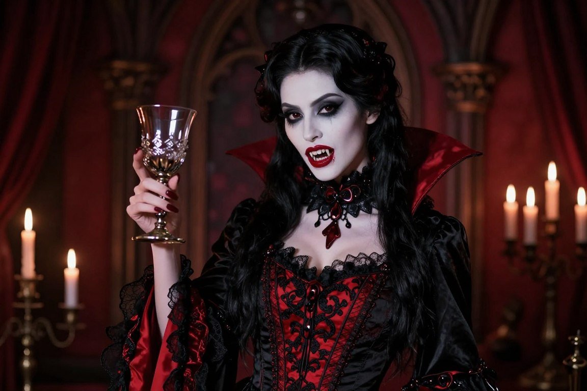Woman in elegant gothic vampire costume with dark makeup and fangs