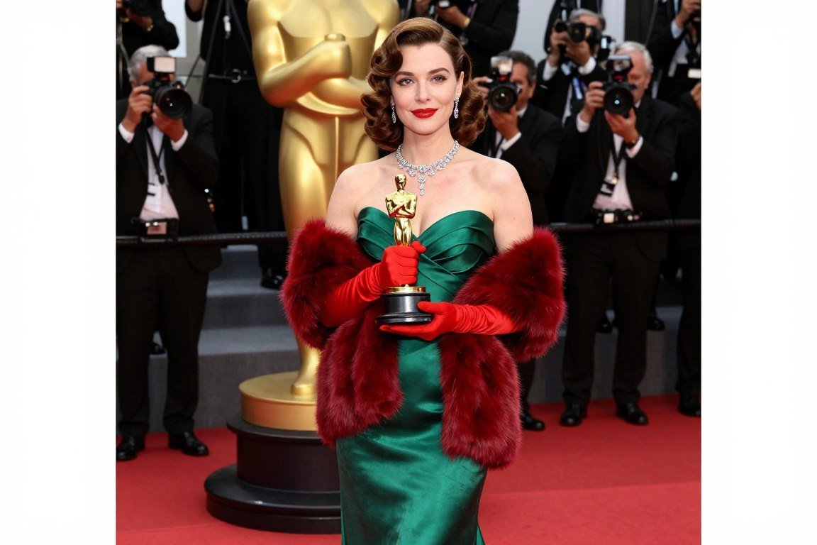 Woman in elegant old Hollywood movie star costume with gown and jewels