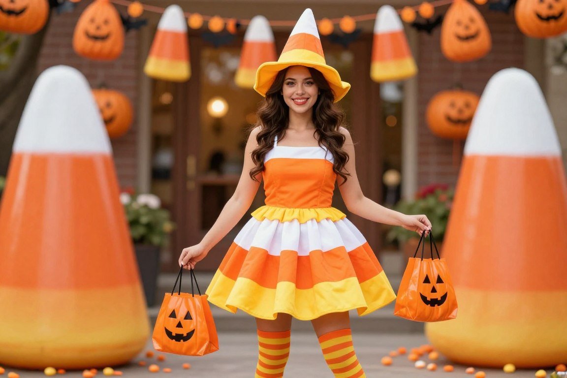 Woman in orange yellow and white candy corn themed costume
