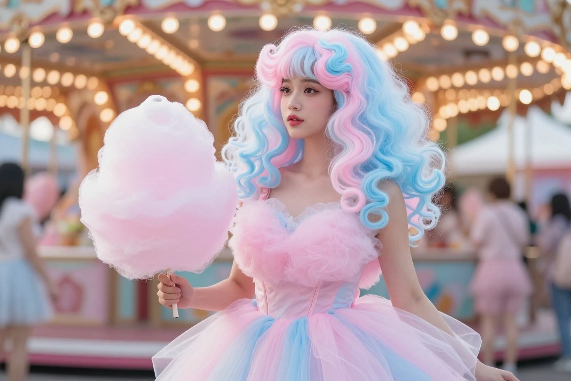 Woman in pink and blue cotton candy inspired costume