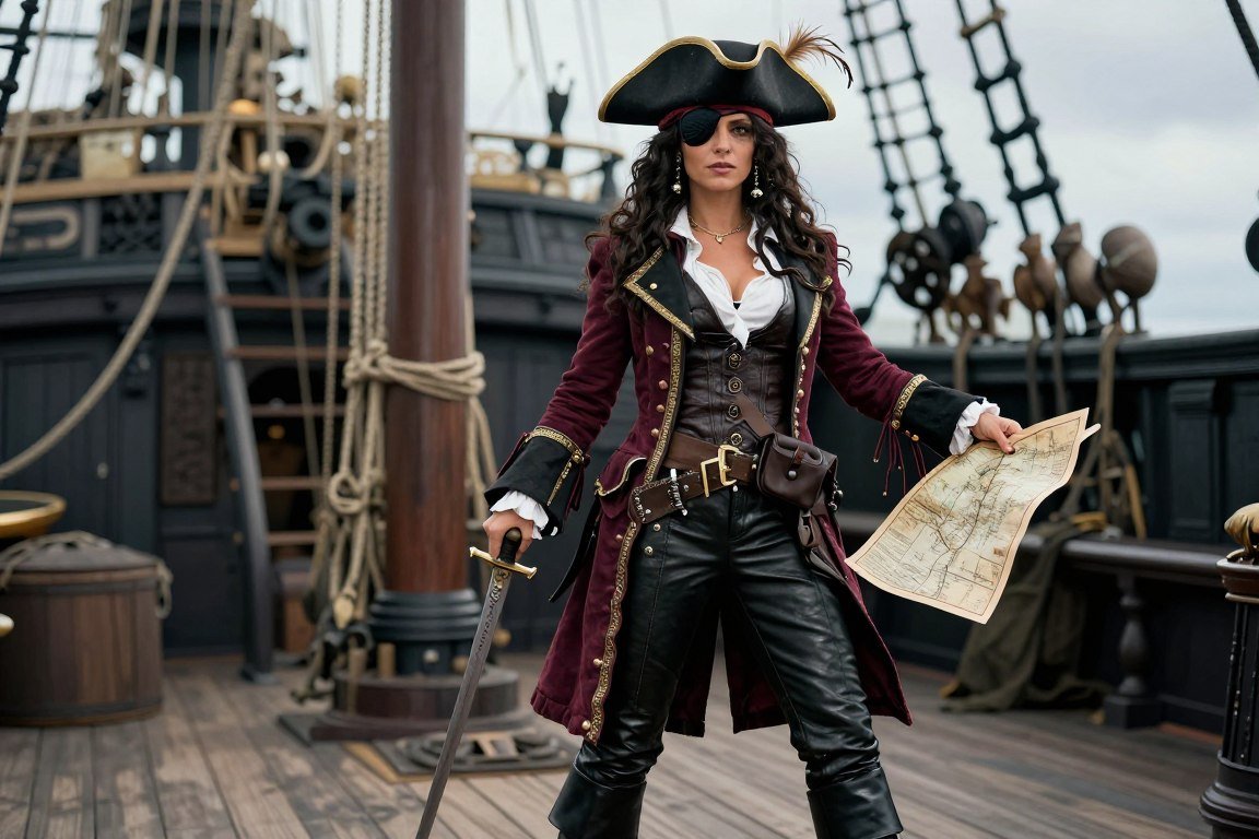 Woman in pirate captain costume with hat and sword