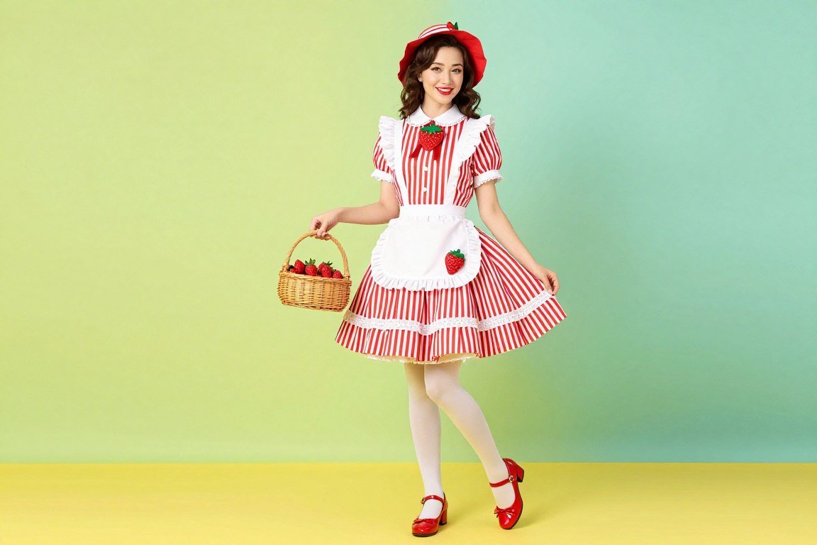 Woman in red and white strawberry-themed costume with matching hat