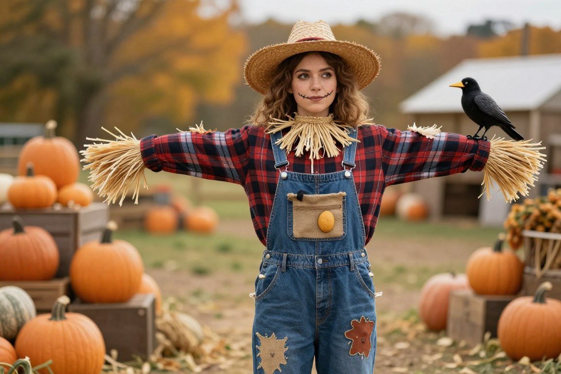 Woman in rustic DIY scarecrow costume with straw and plaid