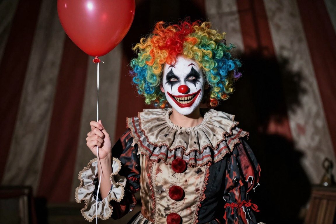 Woman in terrifying clown costume with sinister makeup and dark colors
