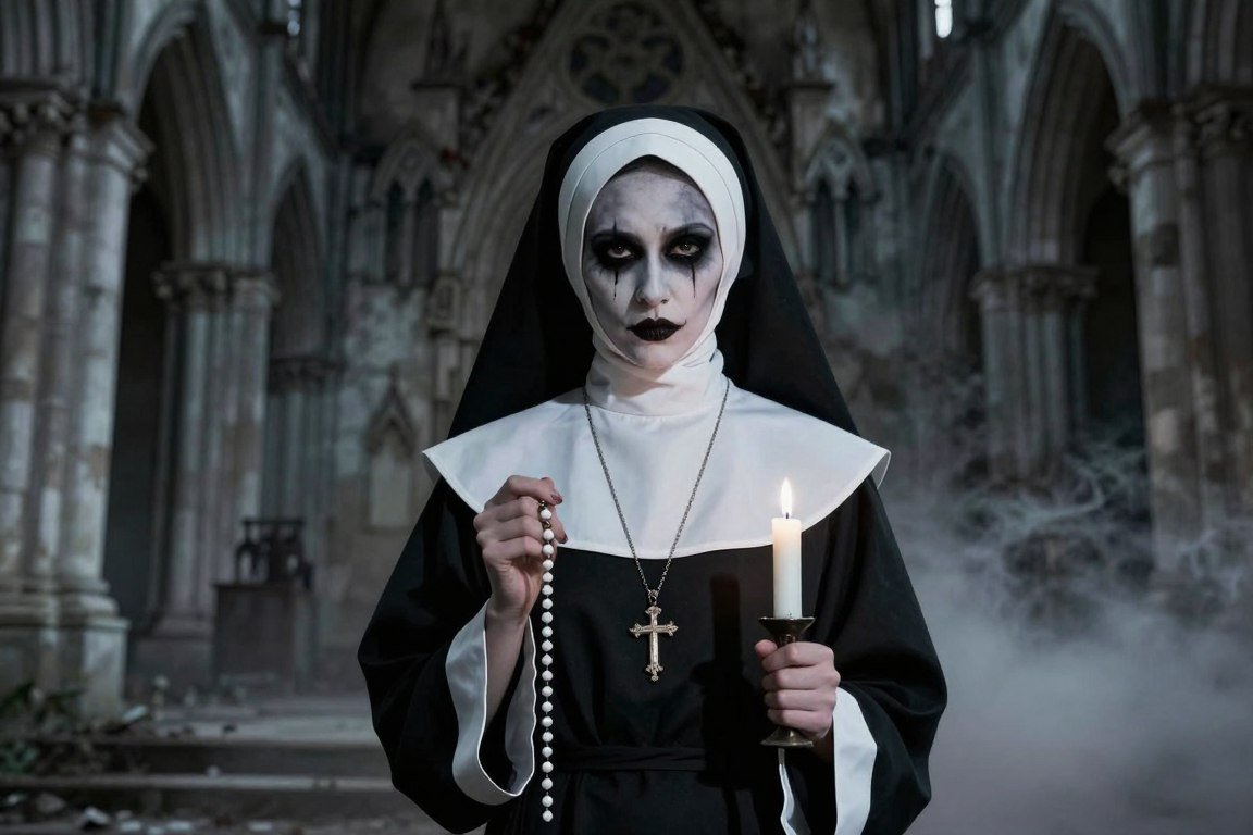 Woman in terrifying nun costume with pale makeup and dark eyes