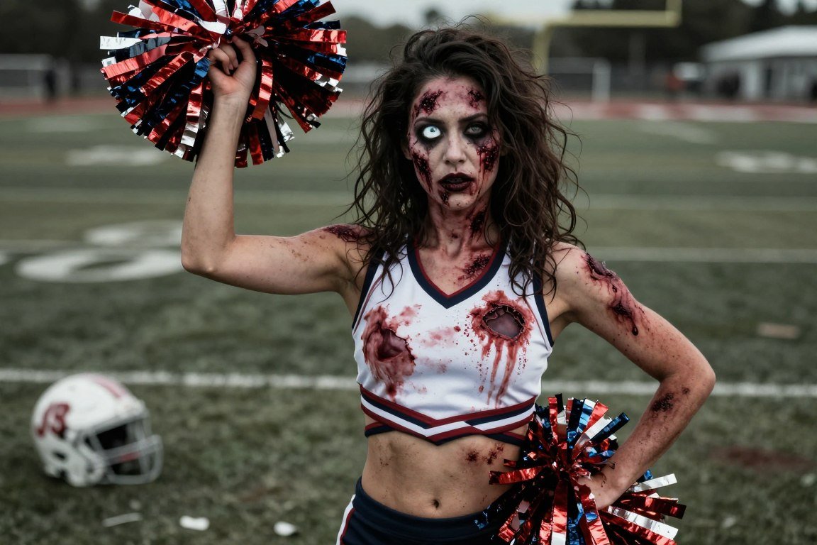 Woman in torn cheerleader uniform with zombie makeup and fake wounds